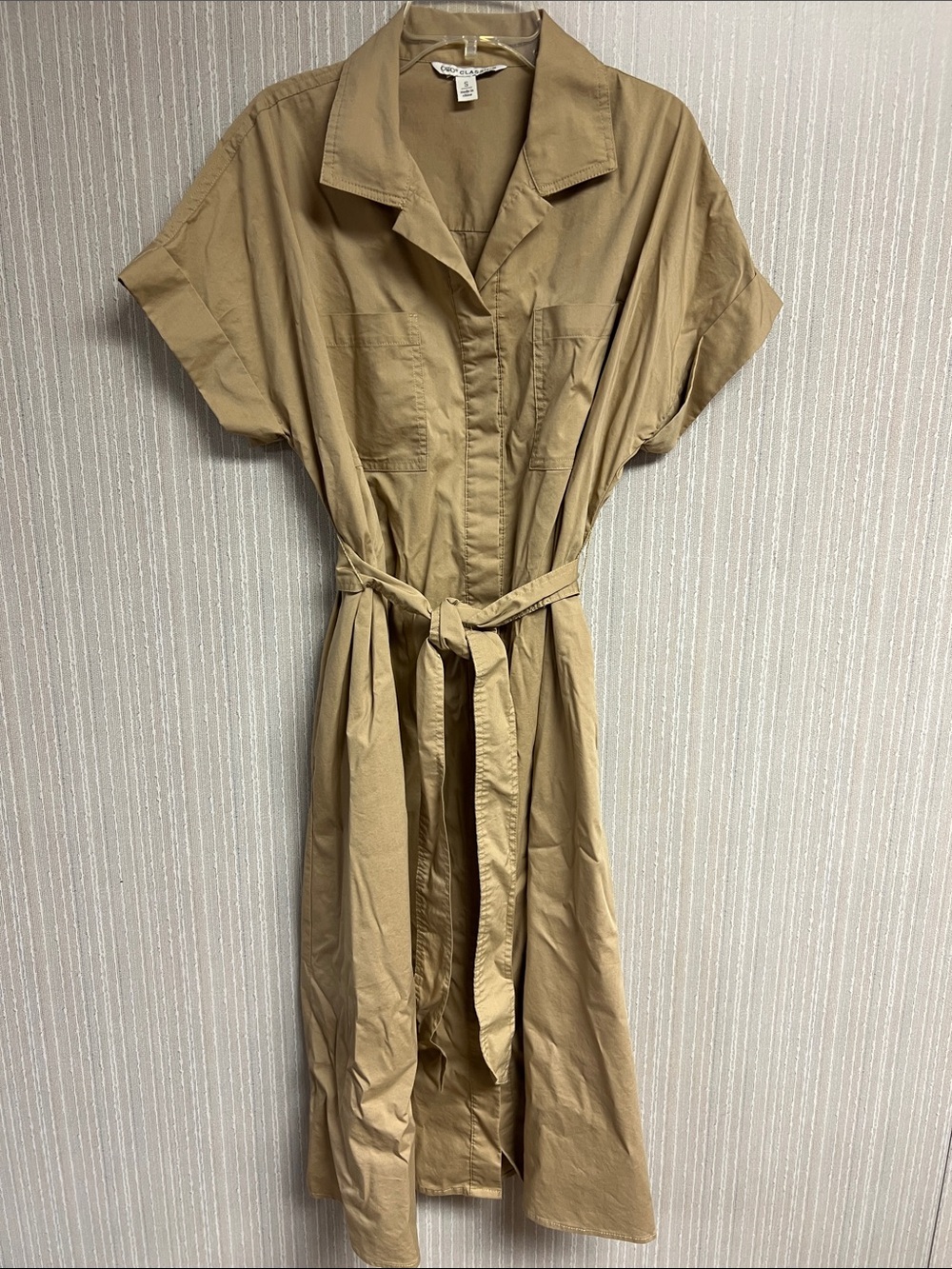 S Cato Classics Tan Shirt Midi Trench Dress with Tie Waist